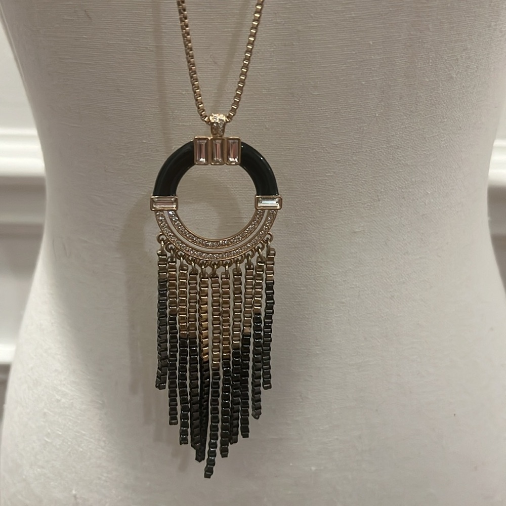 Martine Wester Long Chain Circular Pendant Necklace w/ Fringe & Diamond Detail